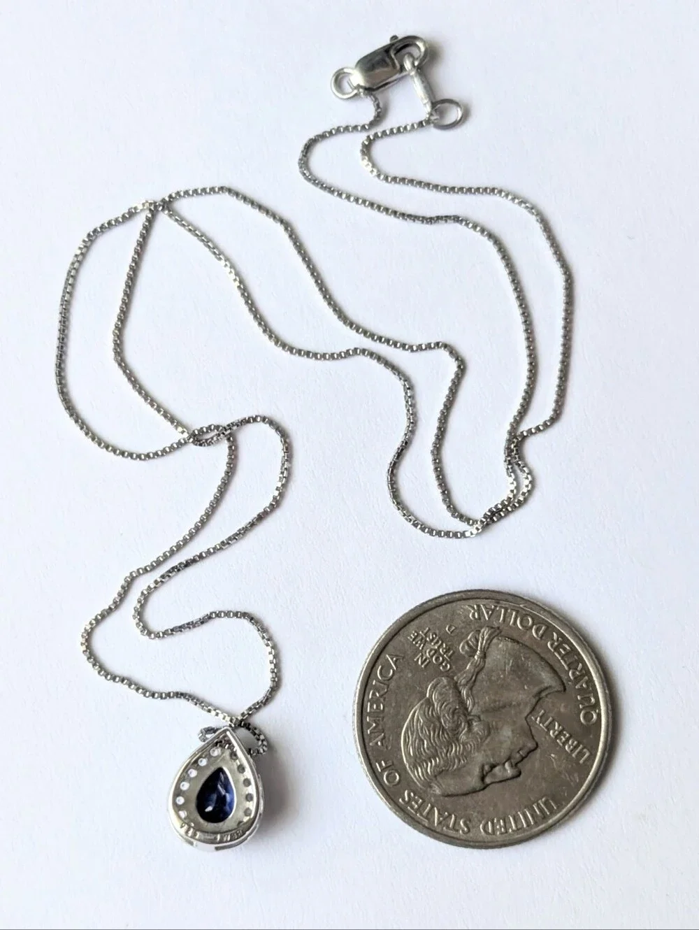 Sterling silver necklace Pear shaped lab blue white sapphire 925 JWBR KA 1772